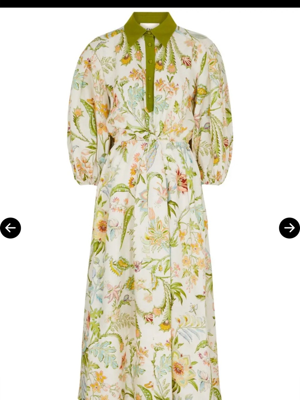 Alemais Floral Linen Midi Dress Green Collar Puff Sleeve AU12 / US8